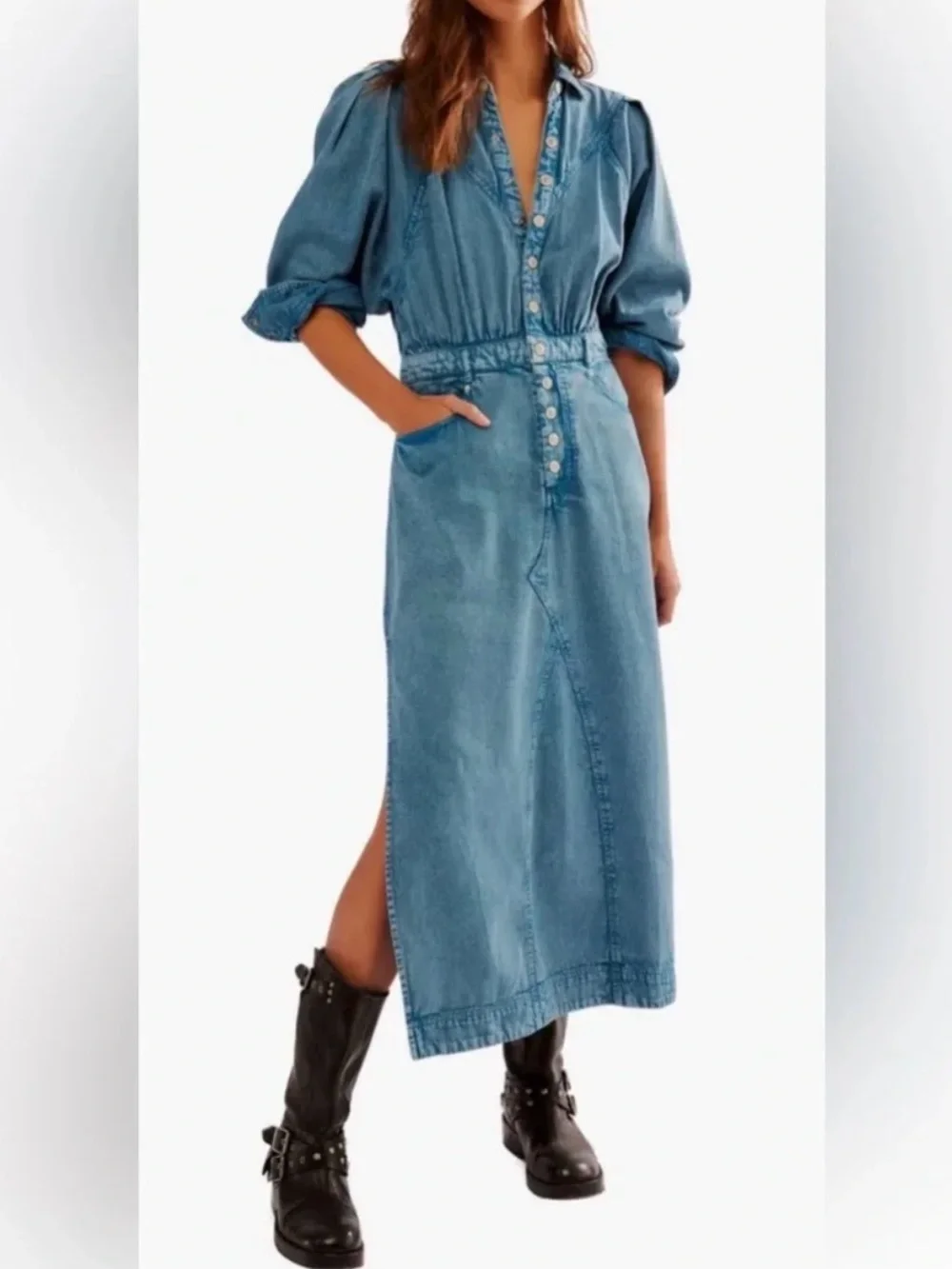 FREE PEOPLE Mad Love Light Blue Denim Midi Dress XS